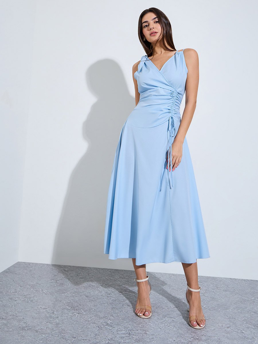 Blue Sleeveless Ruched A-Line Midi Dress
