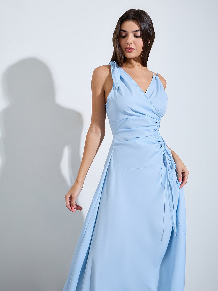 Blue Sleeveless Ruched A-Line Midi Dress