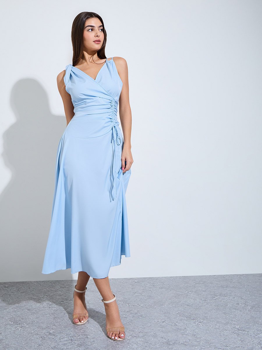 Blue Sleeveless Ruched A-Line Midi Dress