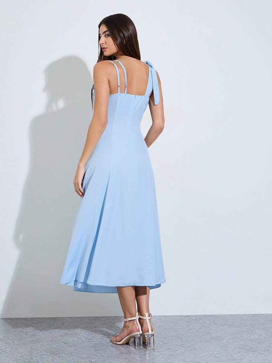 Blue Sleeveless Ruched A-Line Midi Dress
