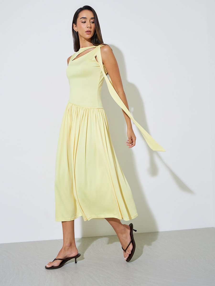 Yellow Cut-Out Detail A-Line Midi Dress
