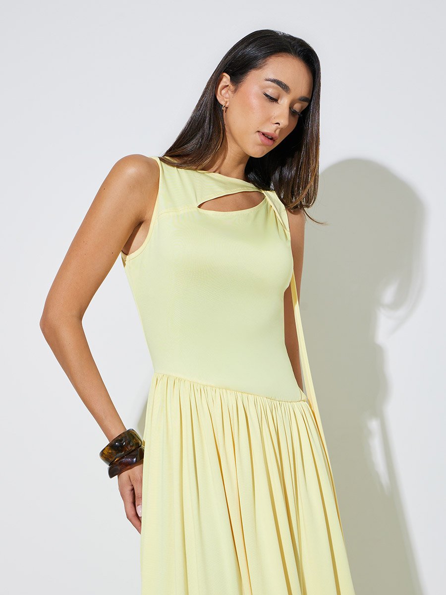Yellow Cut-Out Detail A-Line Midi Dress