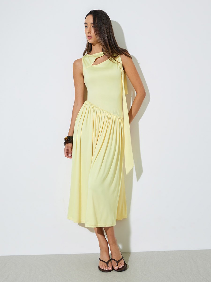 Yellow Cut-Out Detail A-Line Midi Dress
