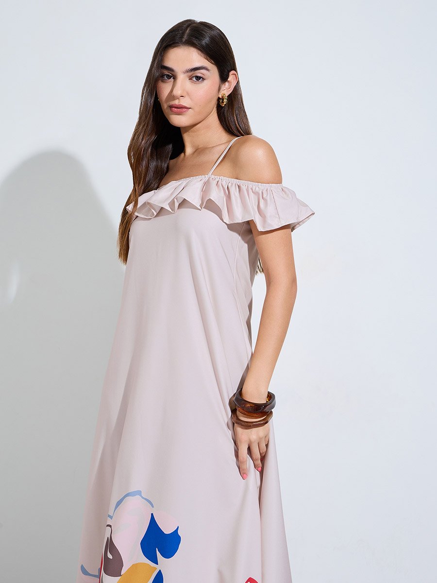 Pink Cold Shoulder Sleeve Ruffled Maxi Dress