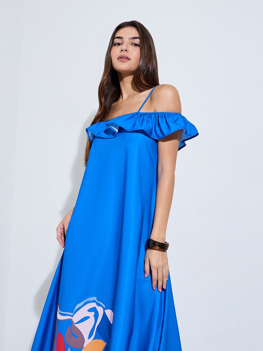 Blue Cold Shoulder Sleeve Ruffled Maxi Dress