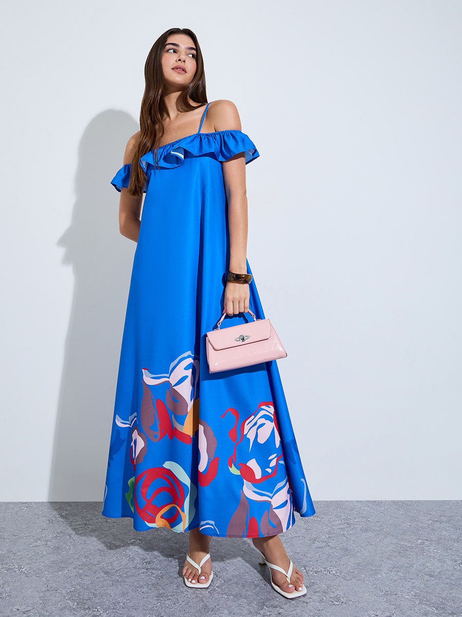 Blue Cold Shoulder Sleeve Ruffled Maxi Dress