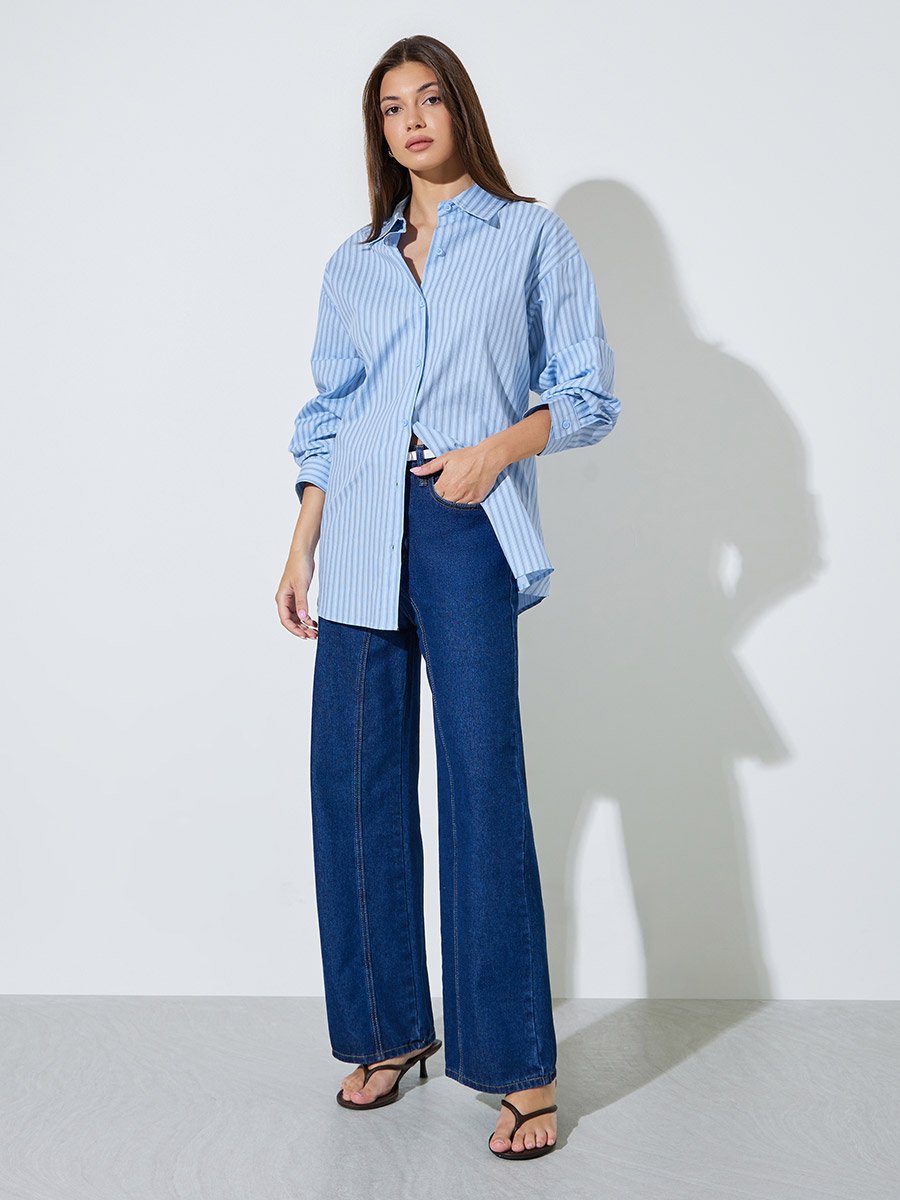 Blue Striped Longline Oversized Shirt