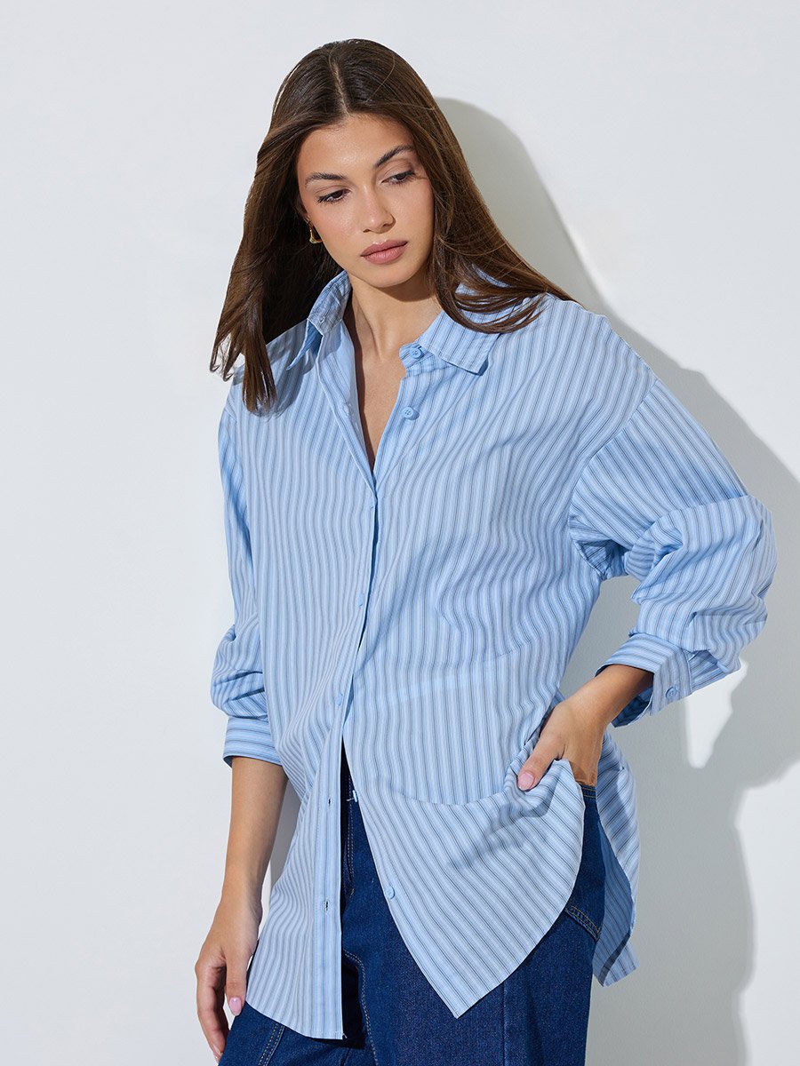 Blue Striped Longline Oversized Shirt