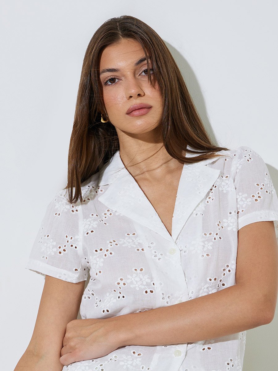 White Eyelet Short Sleeve Casual Shirt