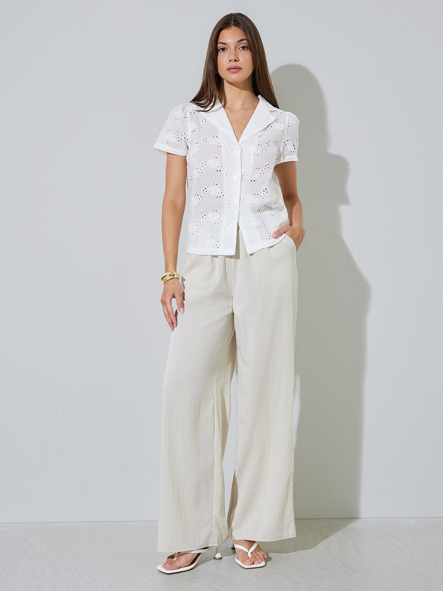 White Eyelet Short Sleeve Casual Shirt