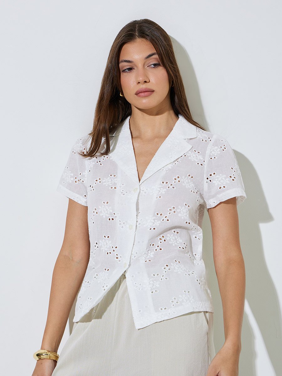 White Eyelet Short Sleeve Casual Shirt