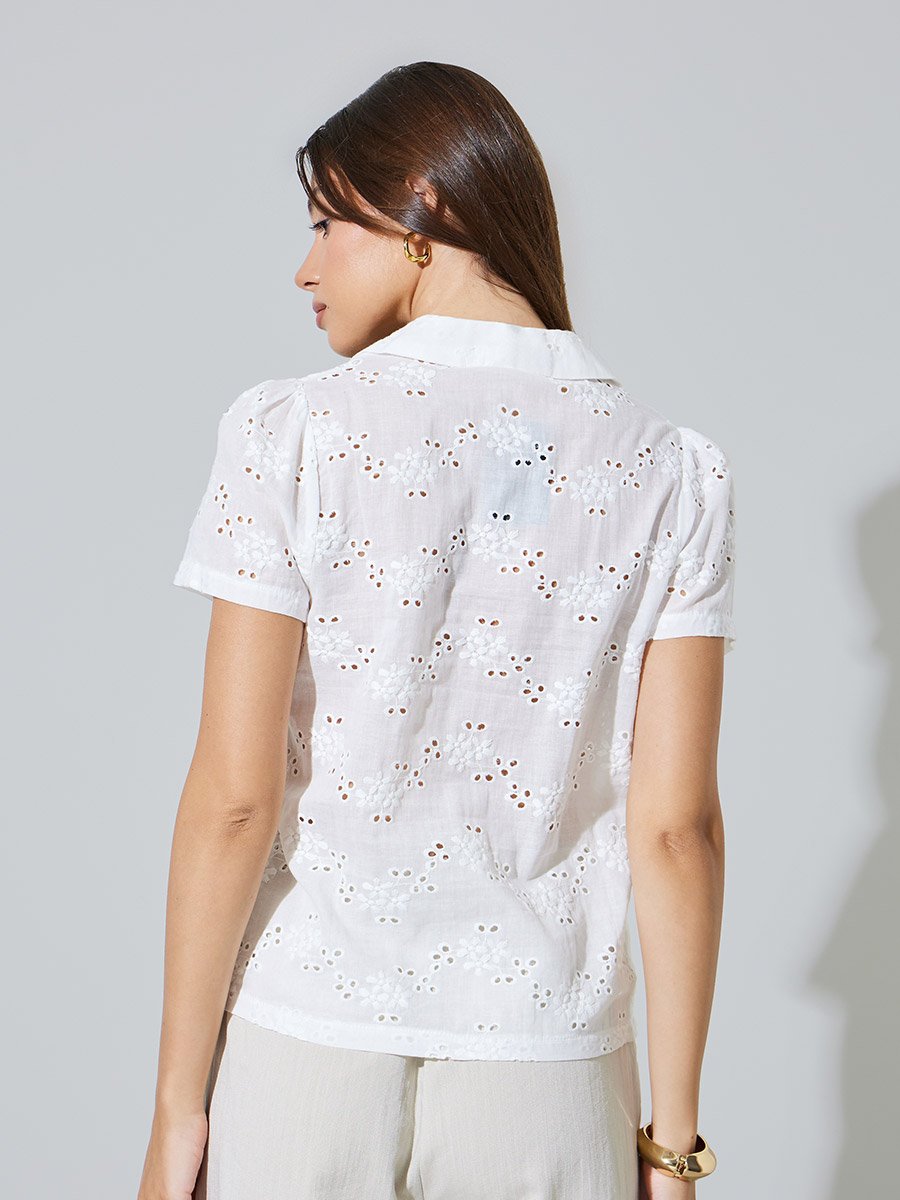 White Eyelet Short Sleeve Casual Shirt