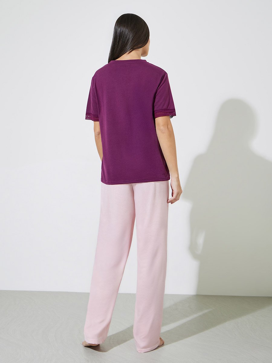 Bow Ruffle Pocket Geo Lace T-Shirt and Straight Leg Pyjama Set