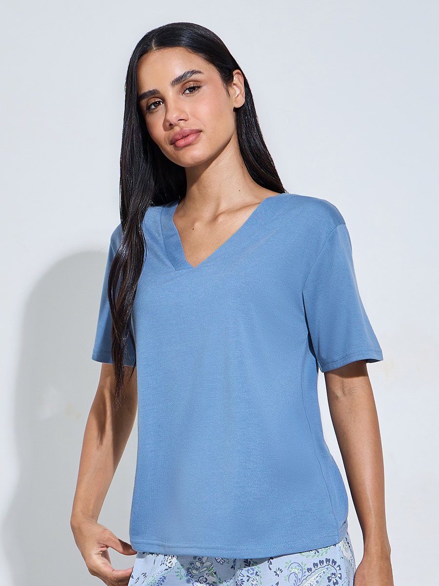 Blue Solid V-Neck T-Shirt and Graphic Print Wide Leg Pants Pyjama Set