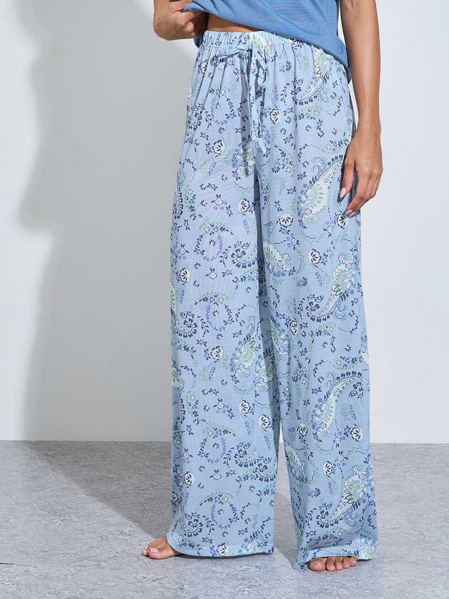 Blue Solid V-Neck T-Shirt and Graphic Print Wide Leg Pants Pyjama Set
