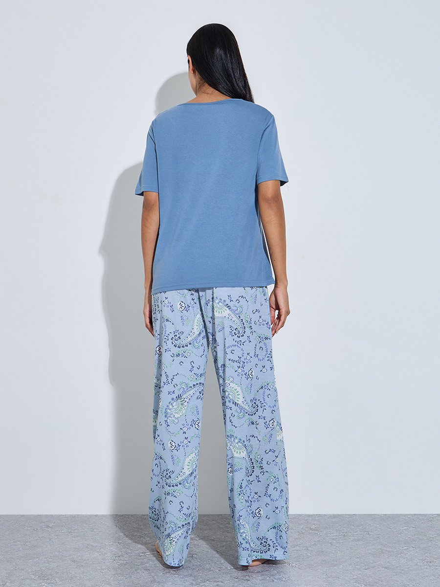 Blue Solid V-Neck T-Shirt and Graphic Print Wide Leg Pants Pyjama Set