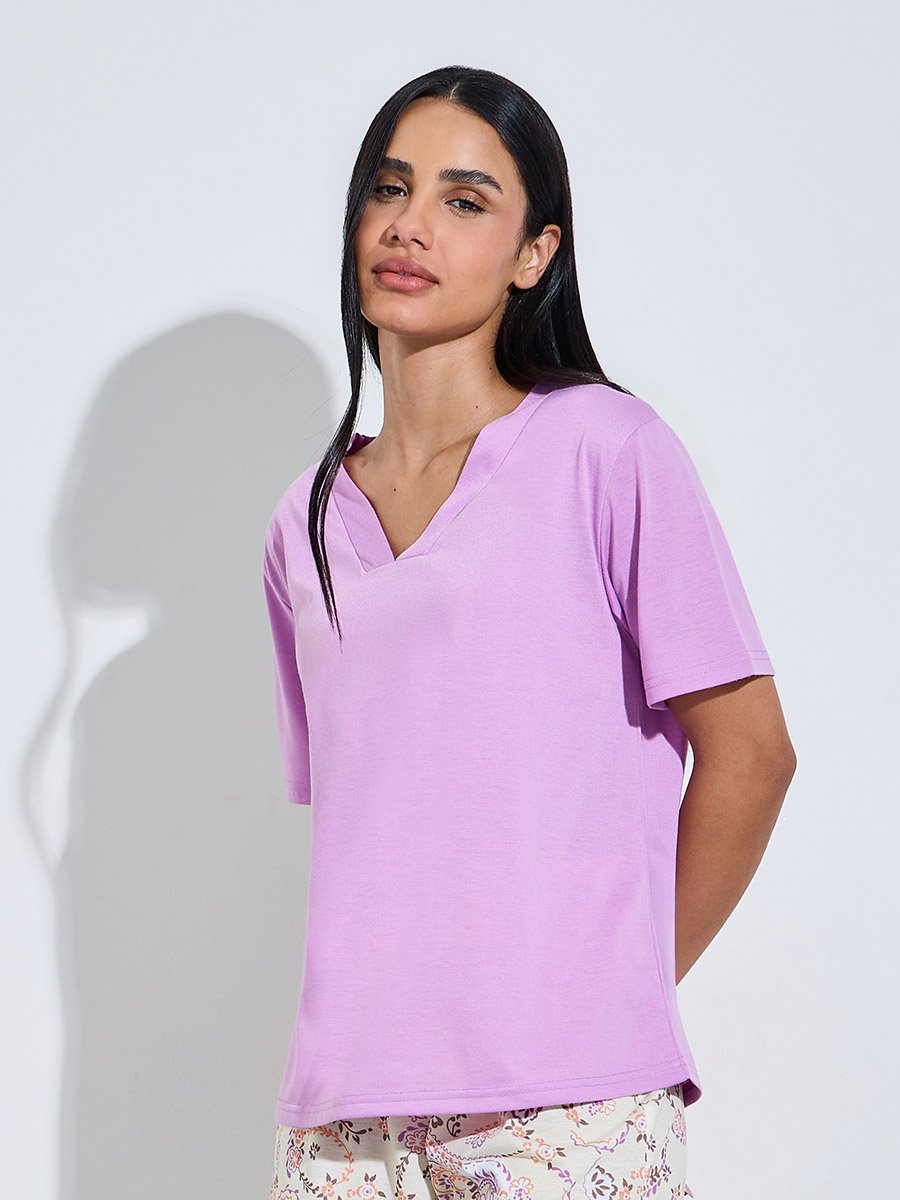 Multi-Color Solid V-Neck T-Shirt and Graphic Print Wide Leg Pants Pyjama Set