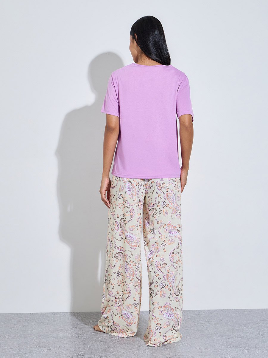 Multi-Color Solid V-Neck T-Shirt and Graphic Print Wide Leg Pants Pyjama Set