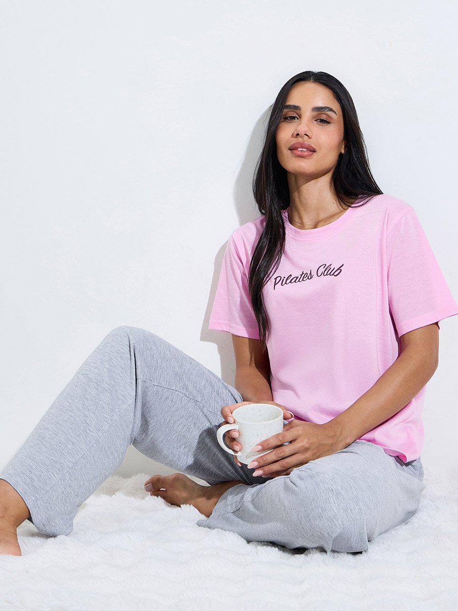 Pink Graphic Print T-Shirt and Grey Solid Straight Leg Pants Pyjama Set