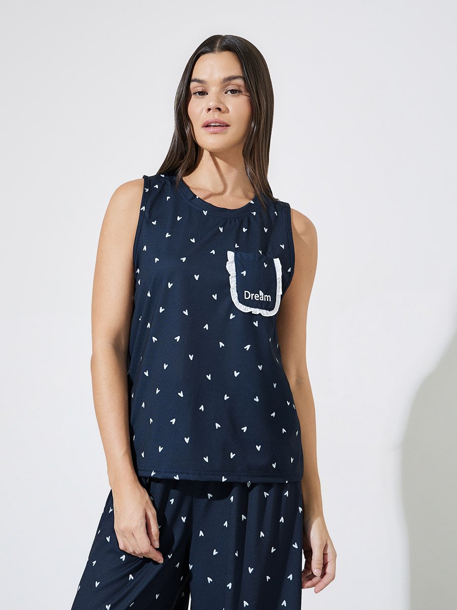 Navy Spot Print Ruffle Pocket Tank and Straight Leg Pyjama Set