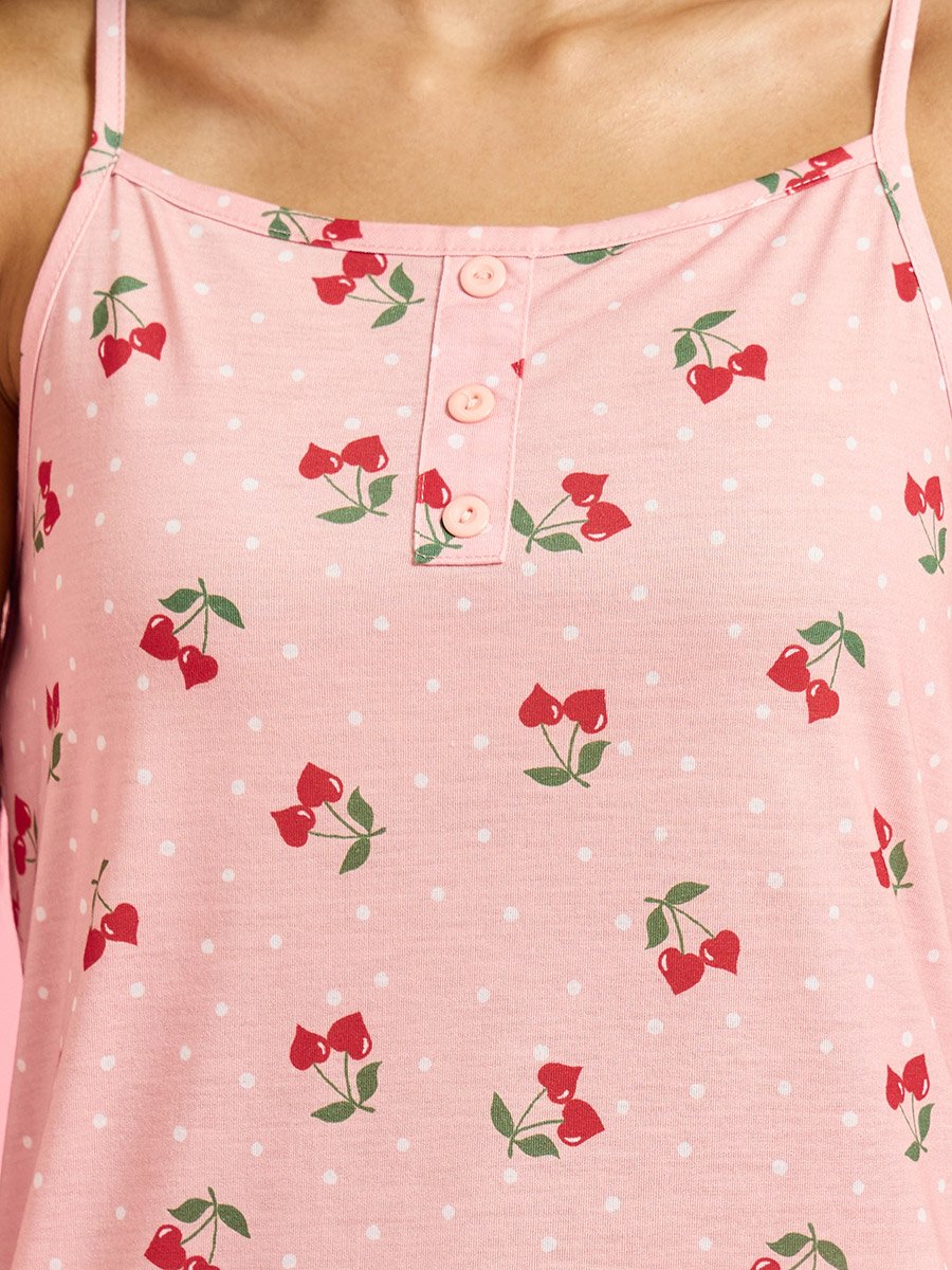 Pink All Over Print Strappy Cami and Straight Leg Pants Pyjama Set 