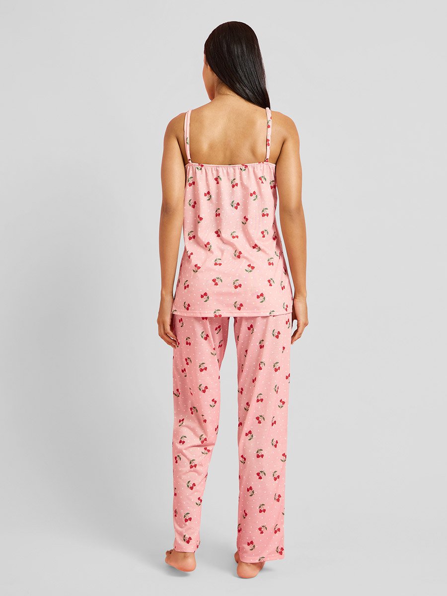 Pink All Over Print Strappy Cami and Straight Leg Pants Pyjama Set 