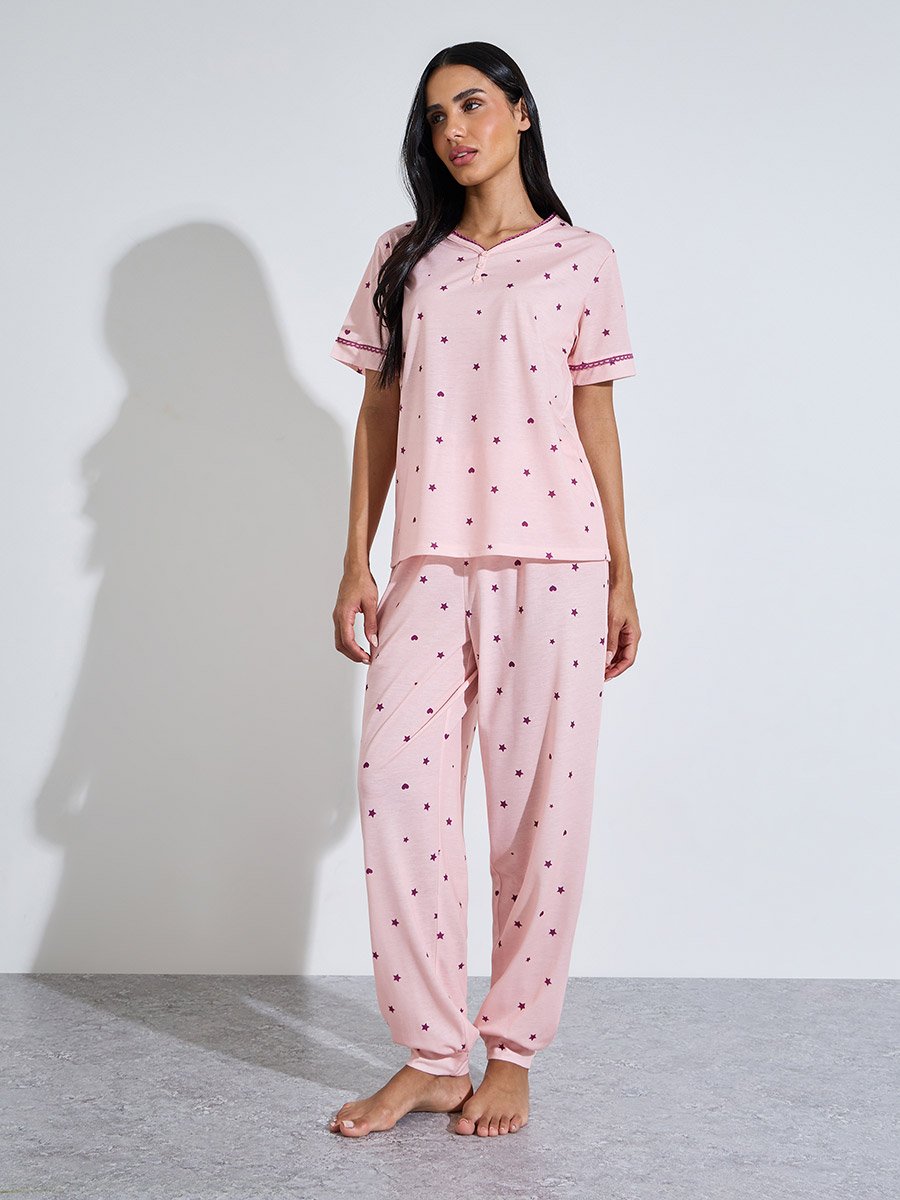 Pink All Over Star Print V Neck T-Shirt and Cuffed Hem Pants Pyjama Set