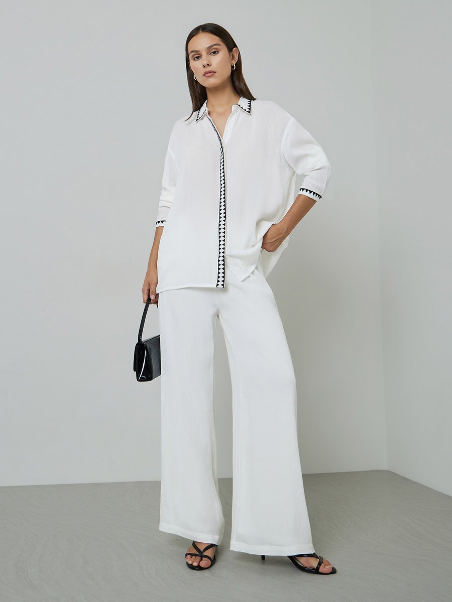 Off White Contrast Trims Shirt and Wide Leg Trousers Set