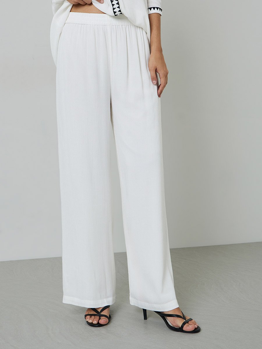 Off White Contrast Trims Shirt and Wide Leg Trousers Set