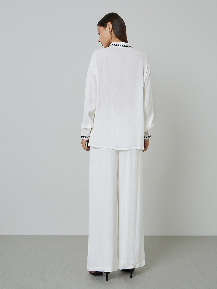 Off White Contrast Trims Shirt and Wide Leg Trousers Set