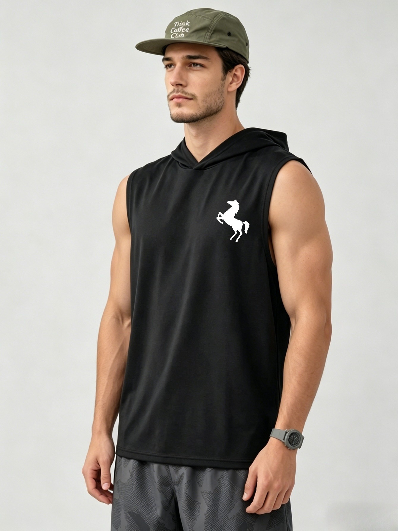 Men Black Hooded Sleeveless Tank Top
