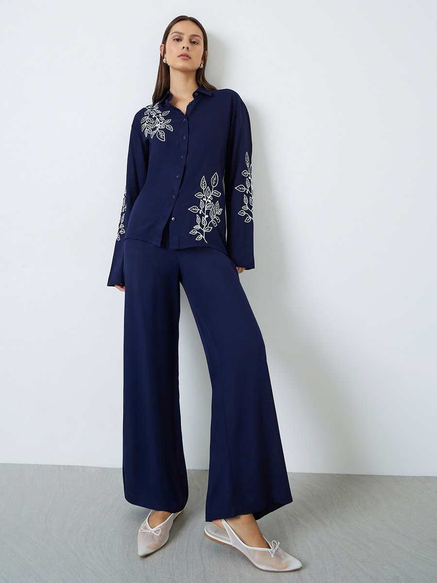 Navy Blue Embroidered Shirt and Pants Set