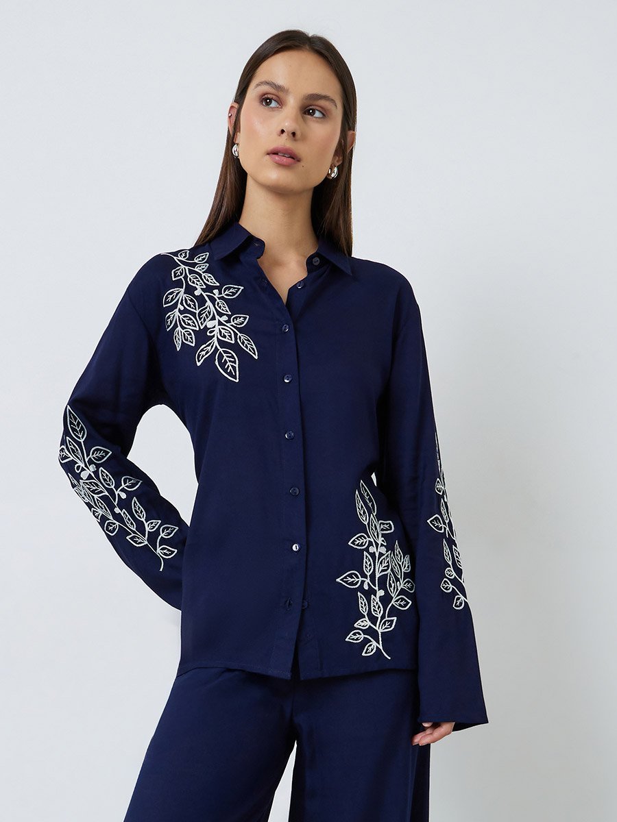 Navy Blue Embroidered Shirt and Pants Set