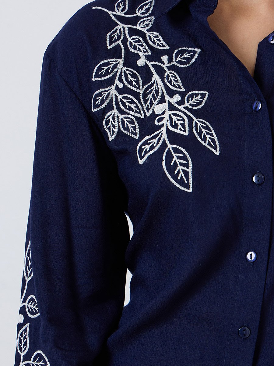 Navy Blue Embroidered Shirt and Pants Set