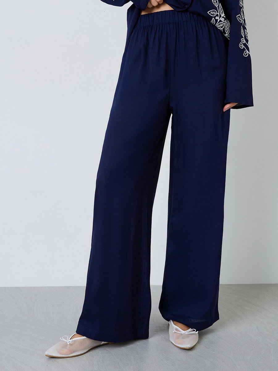 Navy Blue Embroidered Shirt and Pants Set