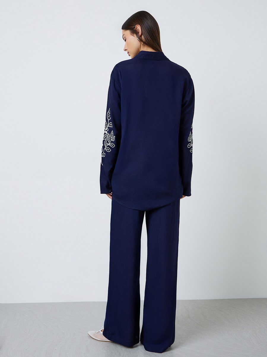 Navy Blue Embroidered Shirt and Pants Set