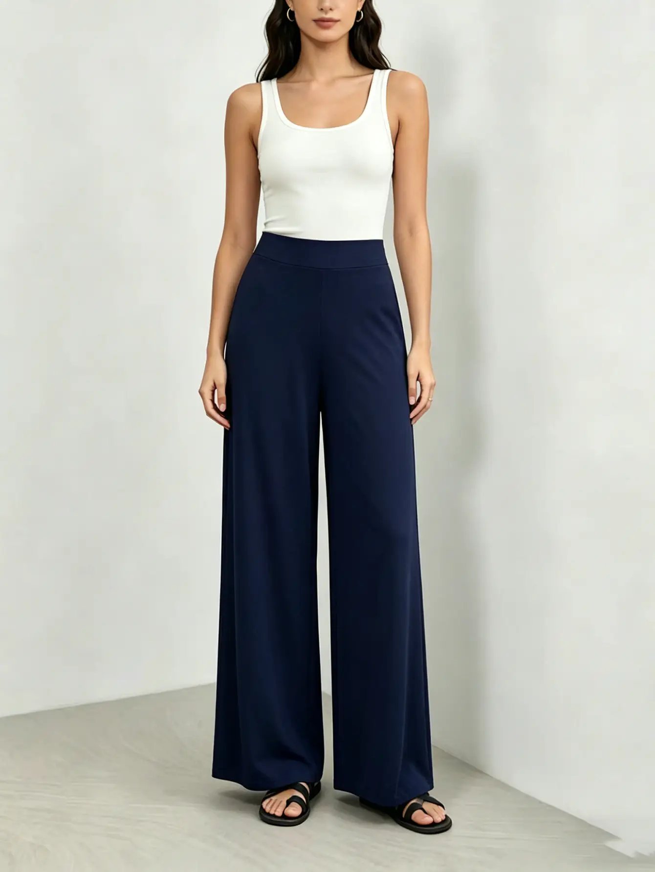 Navy Blue High Rise Soft Knit Casual Pants