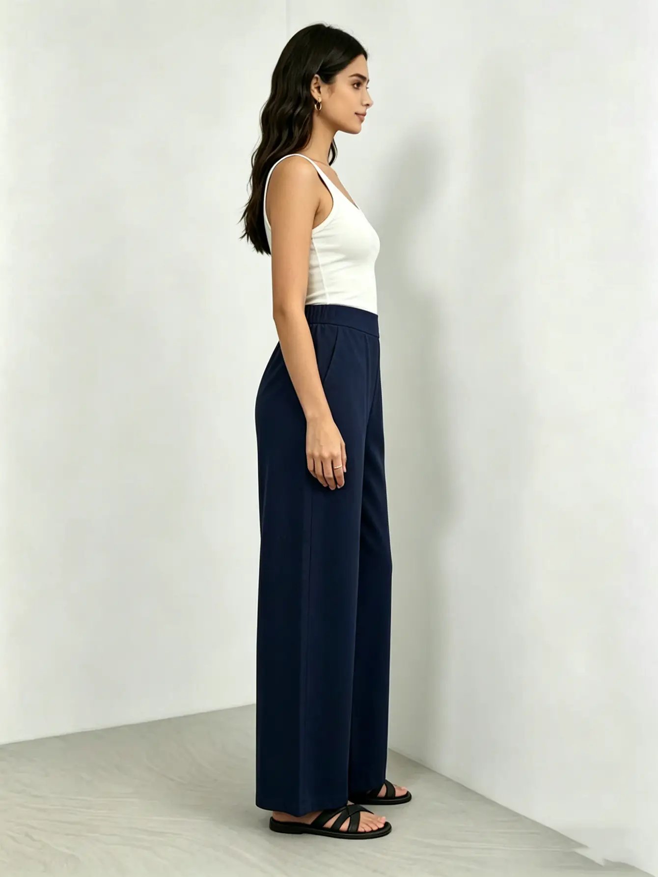 Navy Blue High Rise Soft Knit Casual Pants