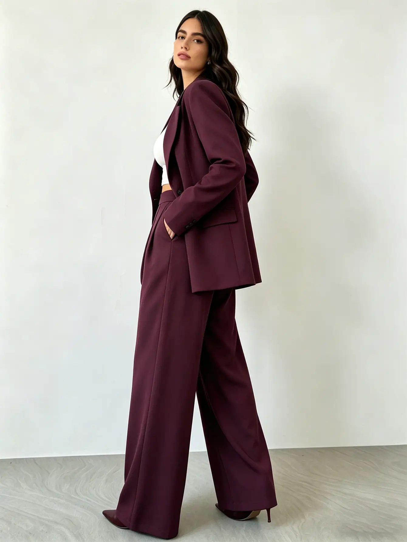 Burgundy High Rise Pleat Wide Leg Pants