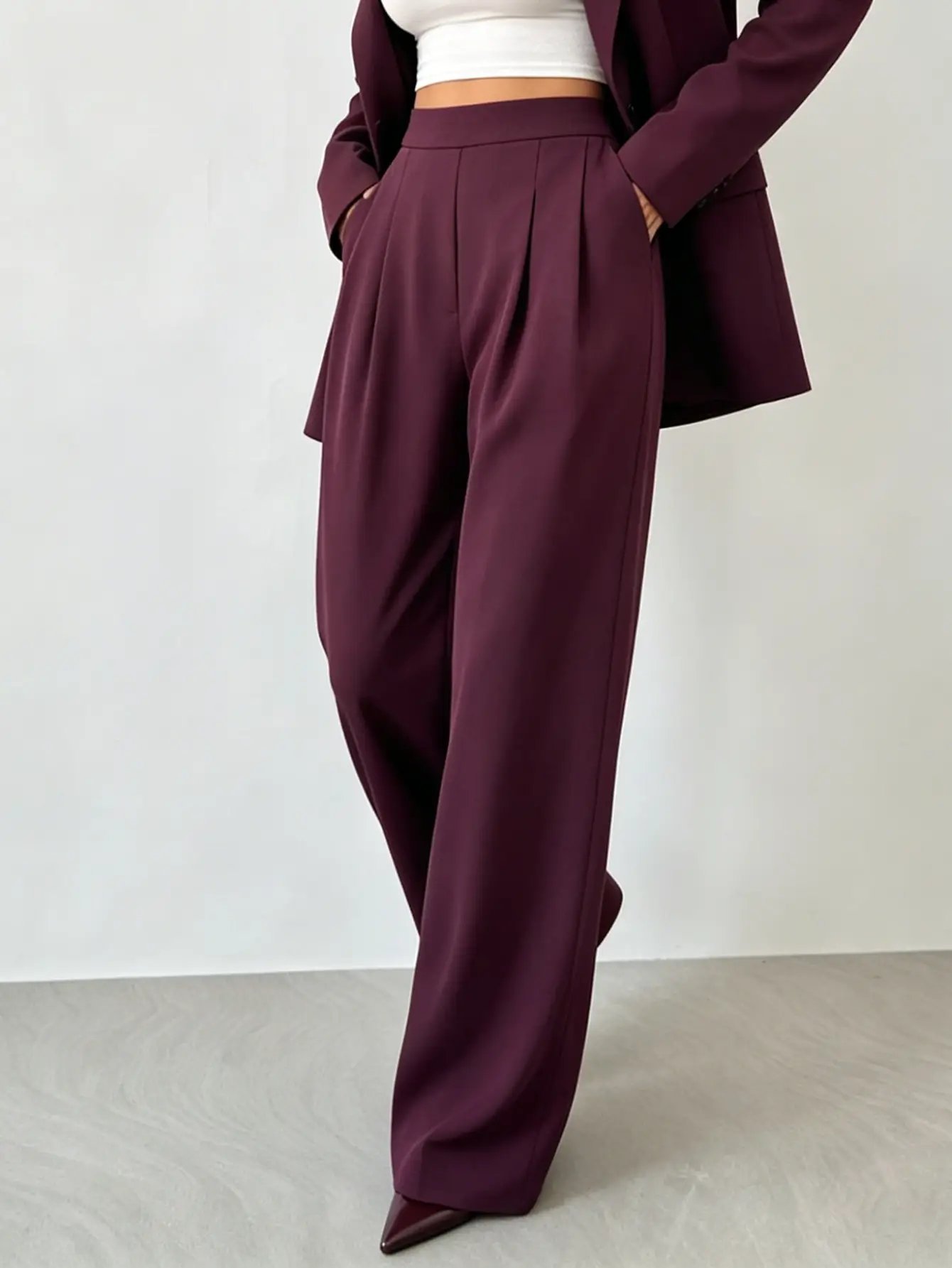 Burgundy High Rise Pleat Wide Leg Pants