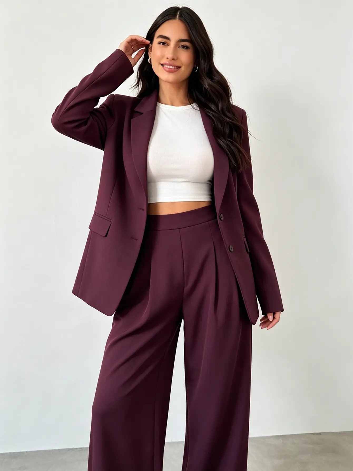 Burgundy High Rise Pleat Wide Leg Pants