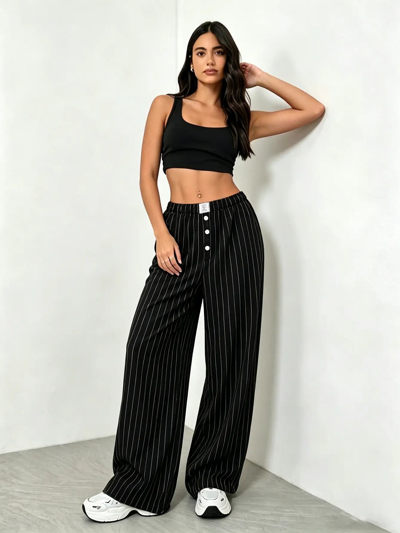 Black Pinstripe Straight Leg Pants