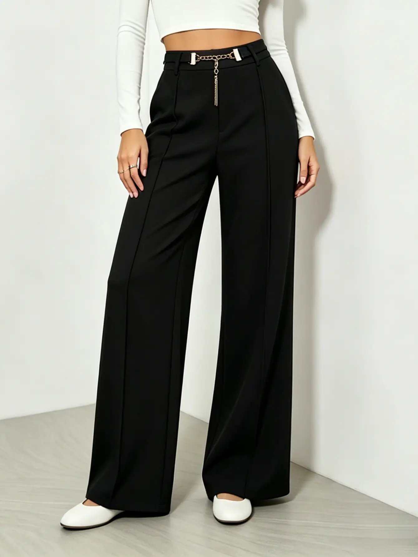 Black High Rise Wide Leg Pants with Chain Detail