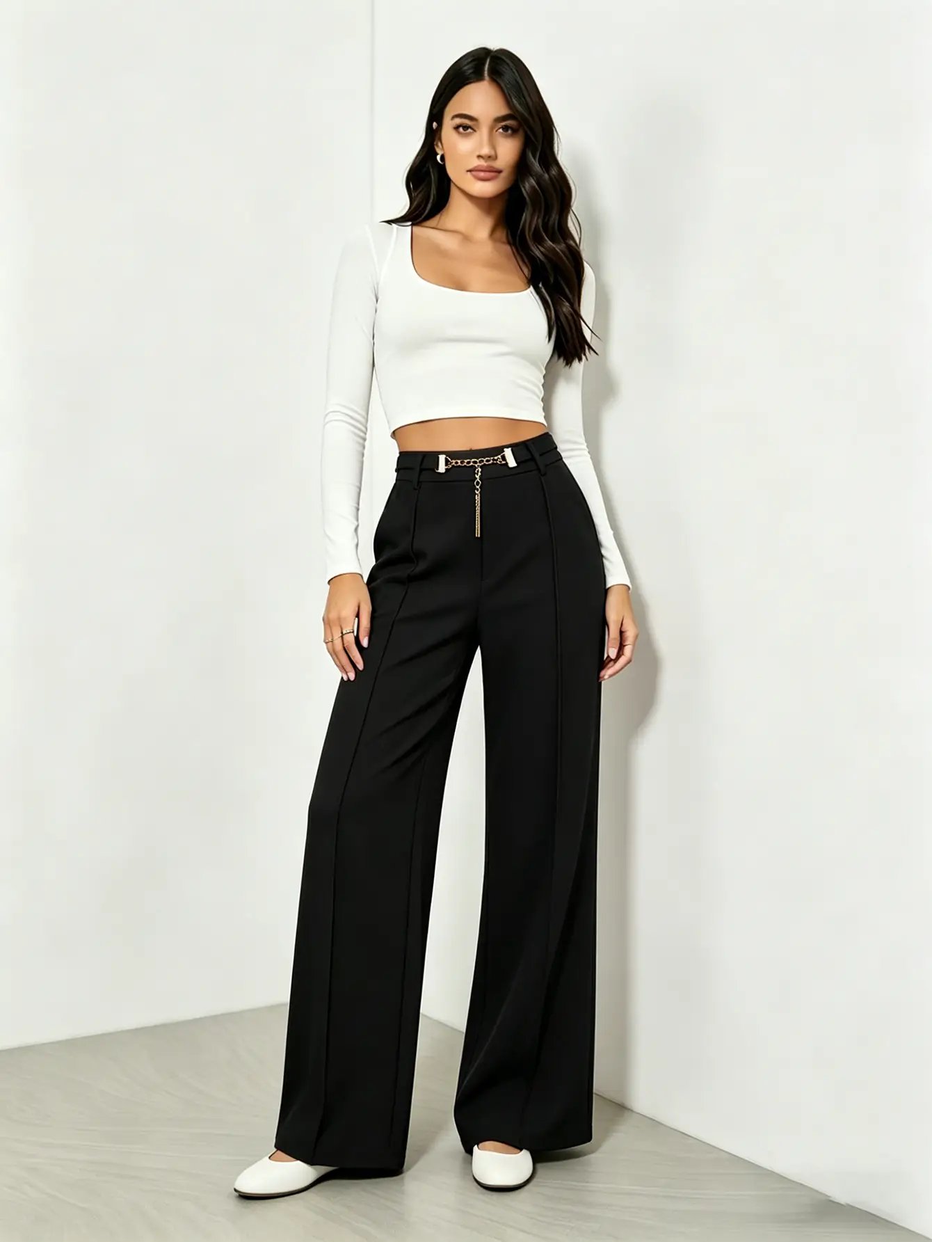 Black High Rise Wide Leg Pants with Chain Detail