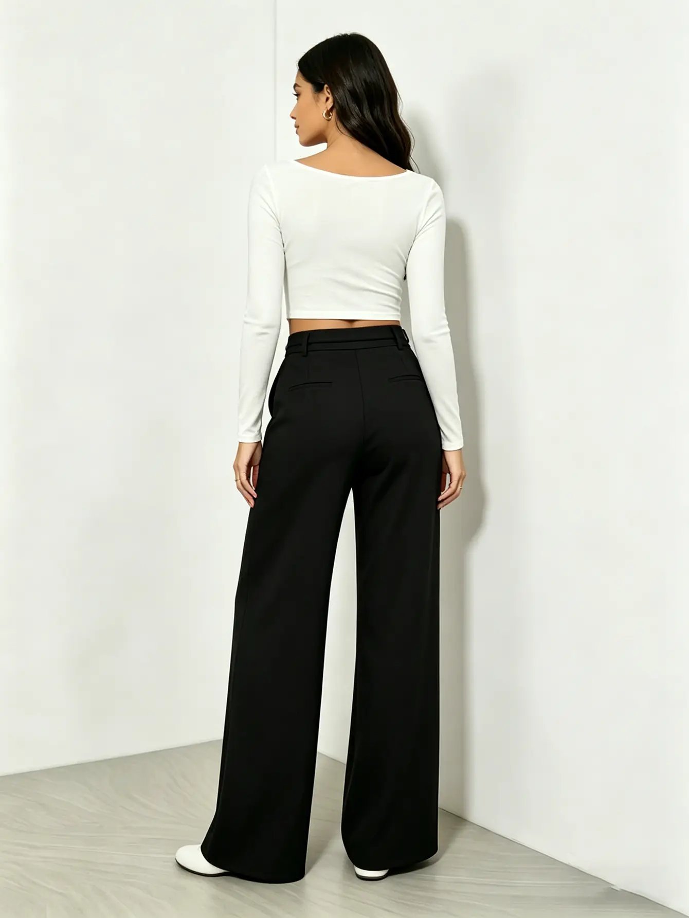 Black High Rise Wide Leg Pants with Chain Detail