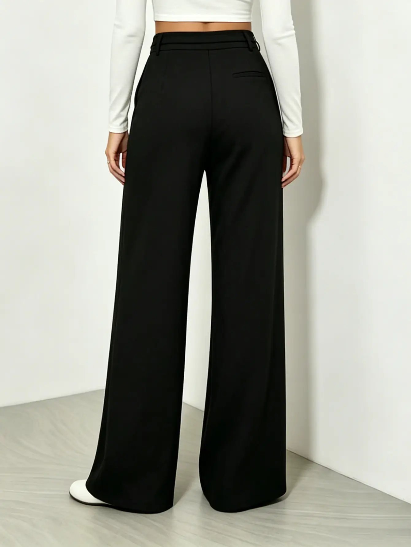 Black High Rise Wide Leg Pants with Chain Detail