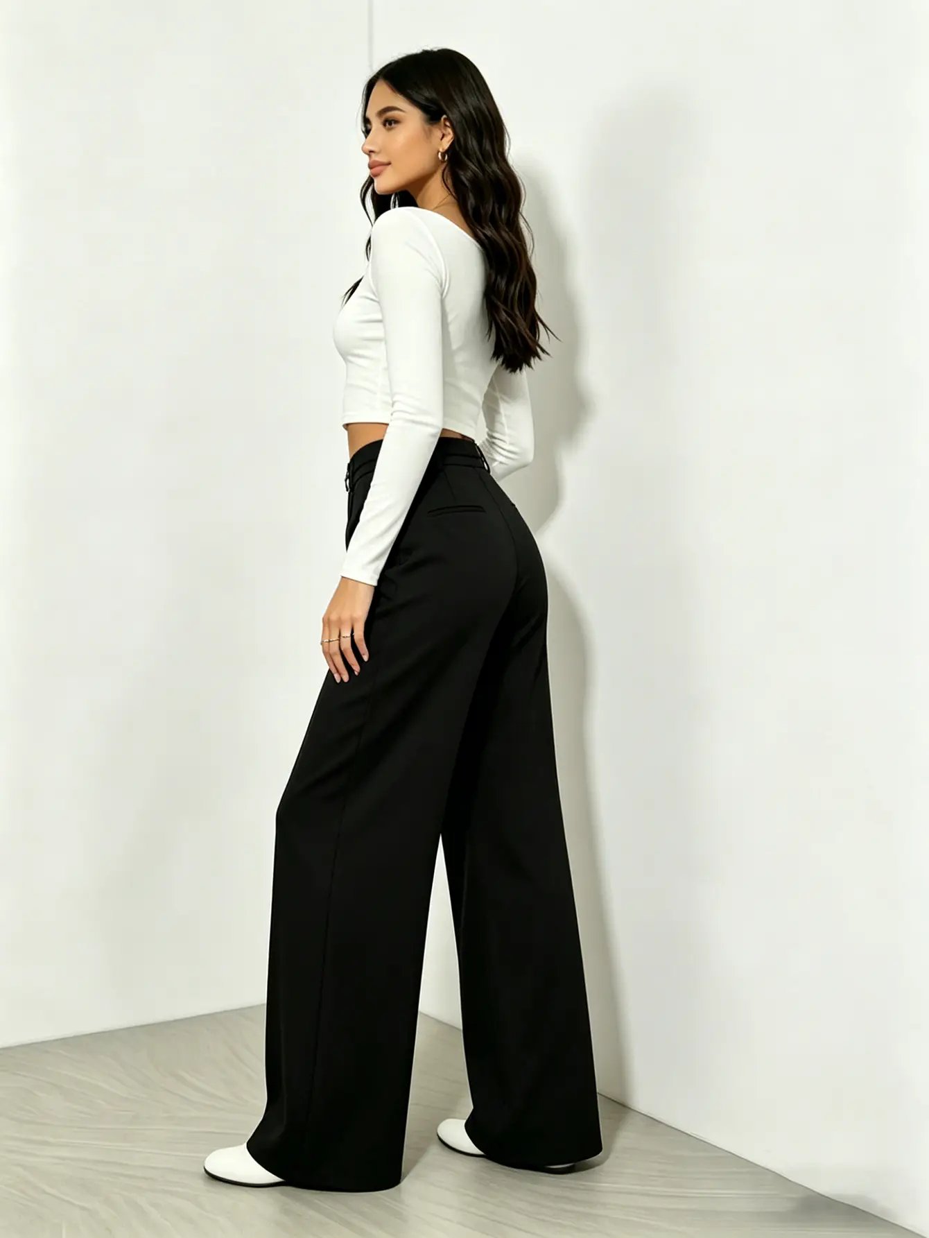 Black High Rise Wide Leg Pants with Chain Detail