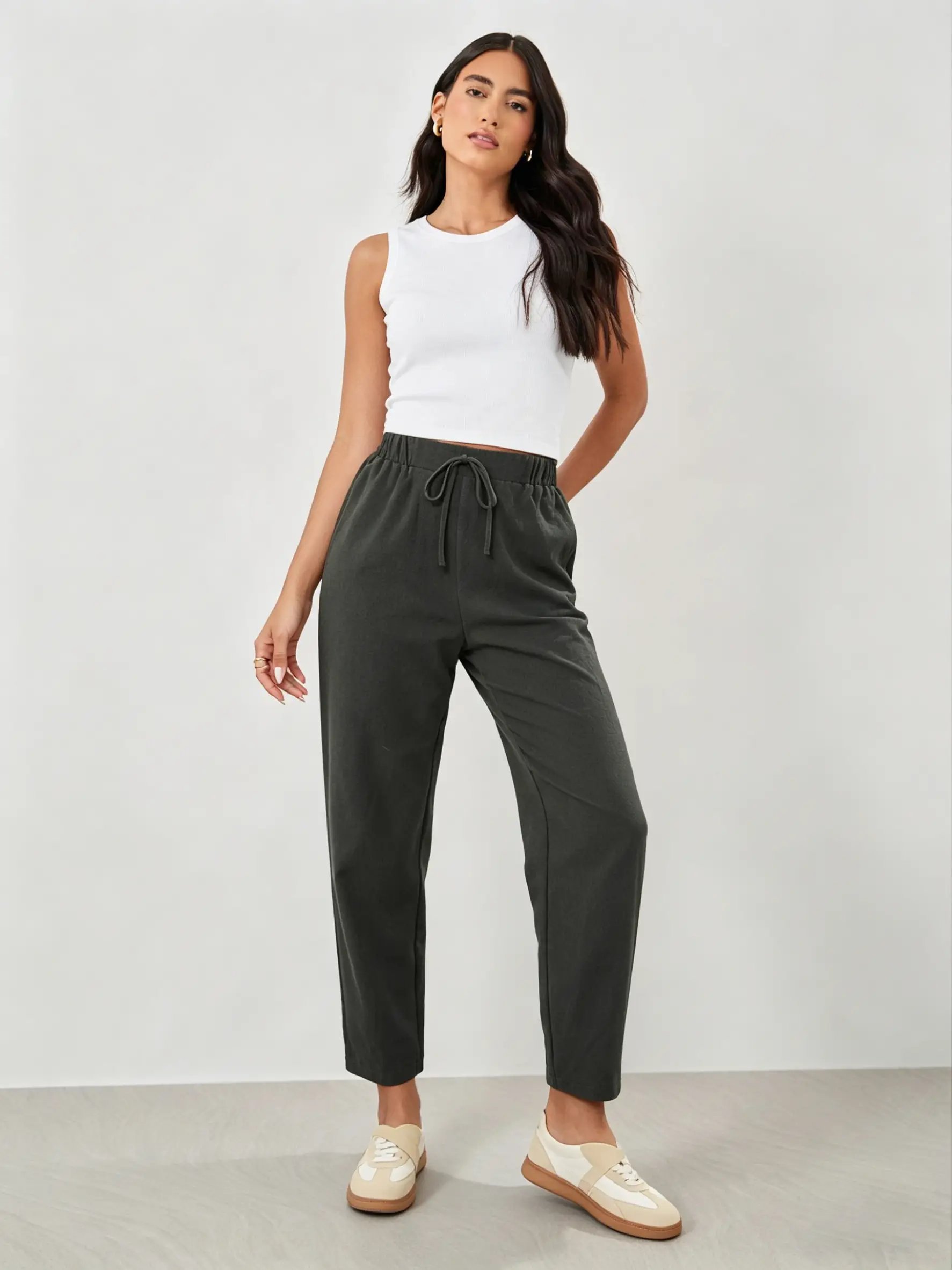 Dark Green Elastic Waist Cropped Barrel Pants