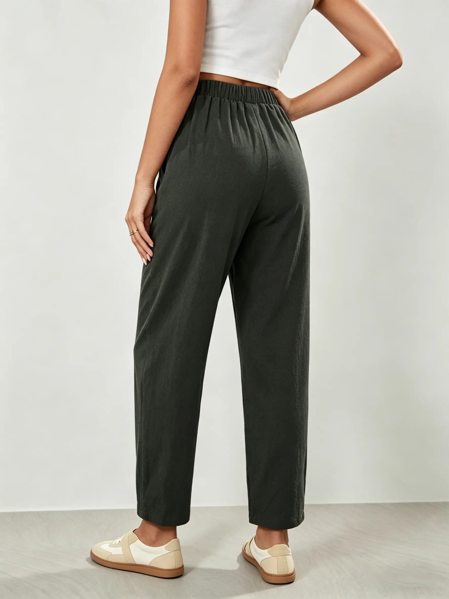Dark Green Elastic Waist Cropped Barrel Pants