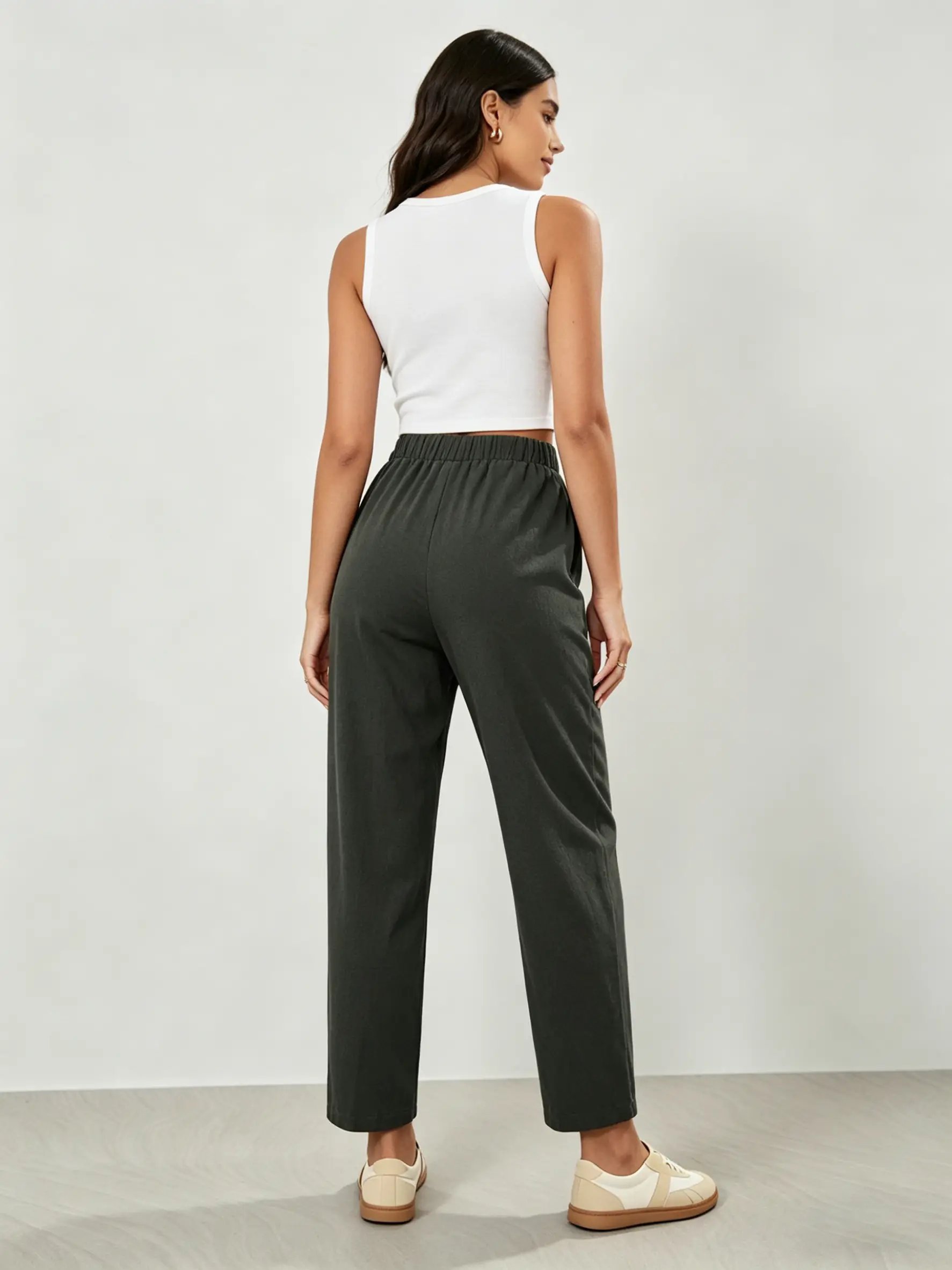 Dark Green Elastic Waist Cropped Barrel Pants